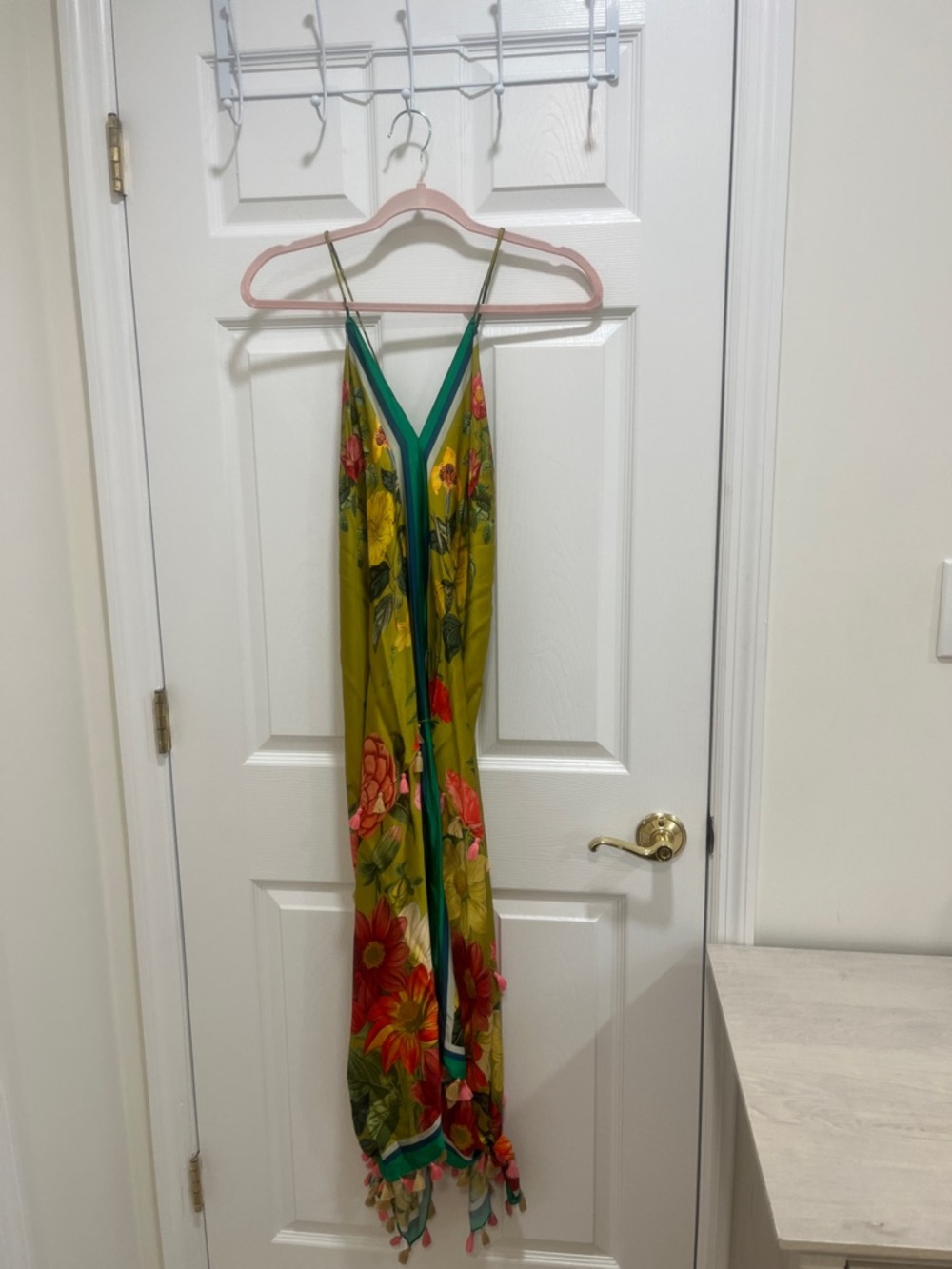 Aratta Green Floral V-Neck Maxi Dress with Multicolor Trim and matching kimono